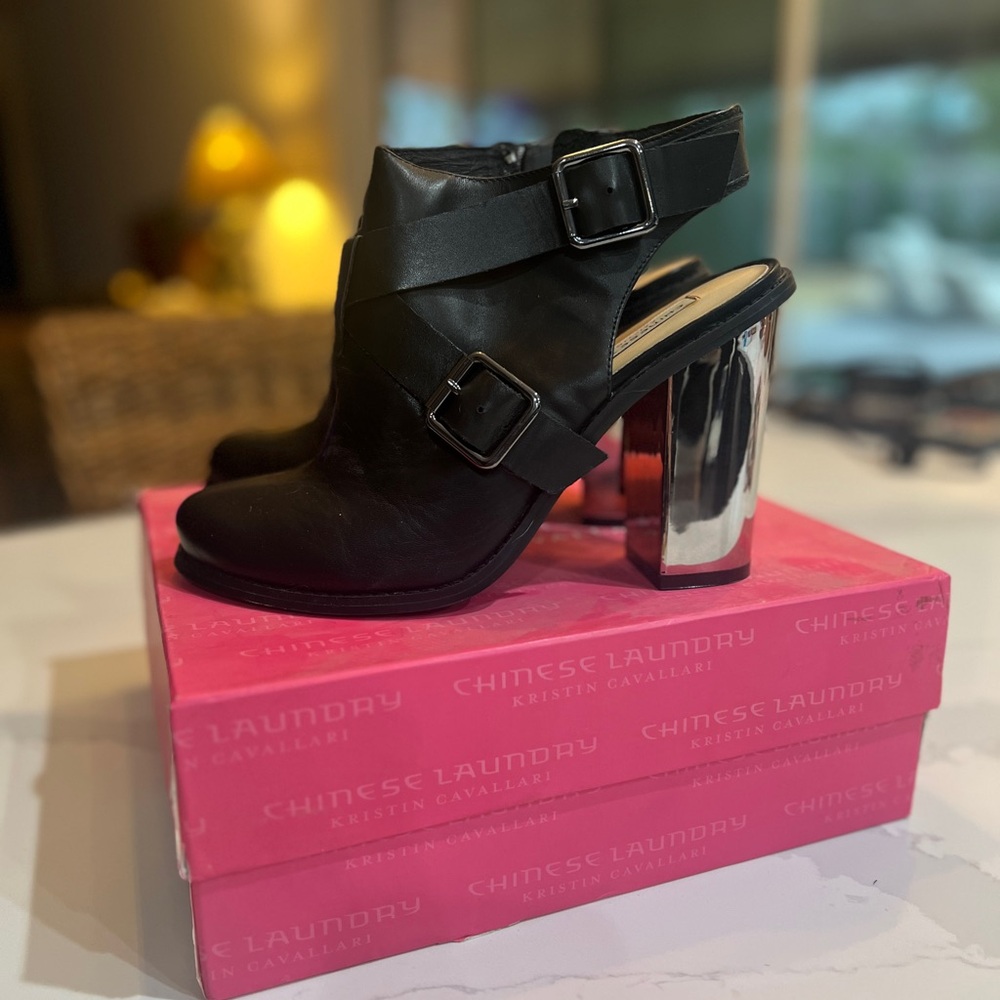 Chinese Laundry Black Boots with Metallic Heel